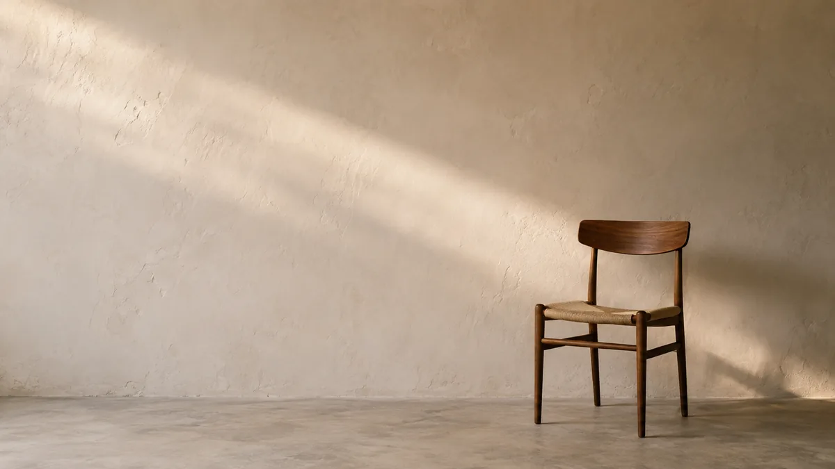 A single empty wooden chair against a plain plaster wall