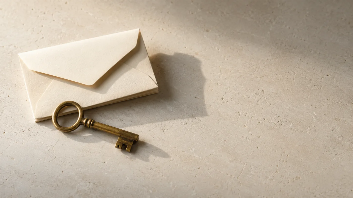 A brass key beside a cream envelope on limestone