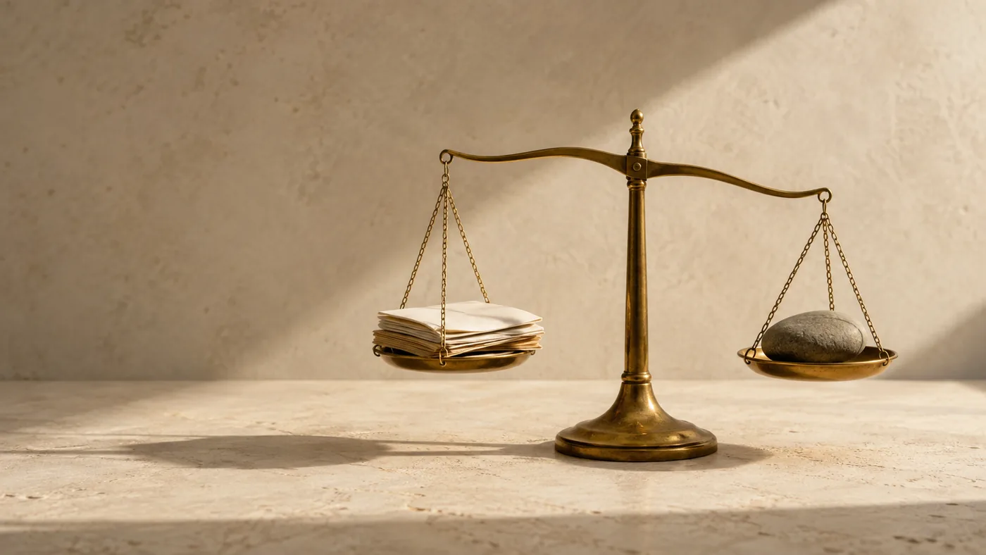 A brass balance scale holding paper and a stone