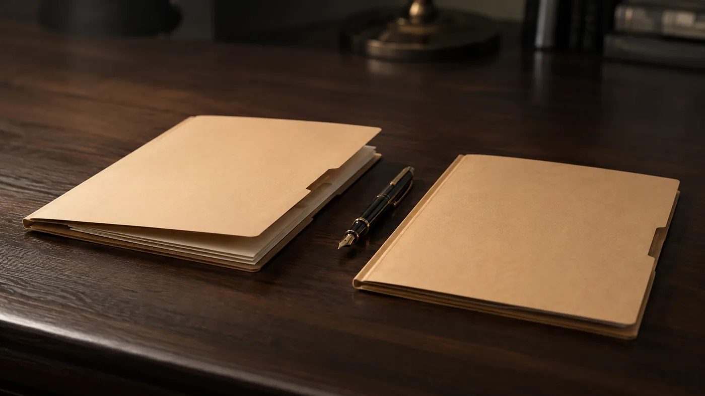 Two manila folders and a fountain pen on a dark desk
